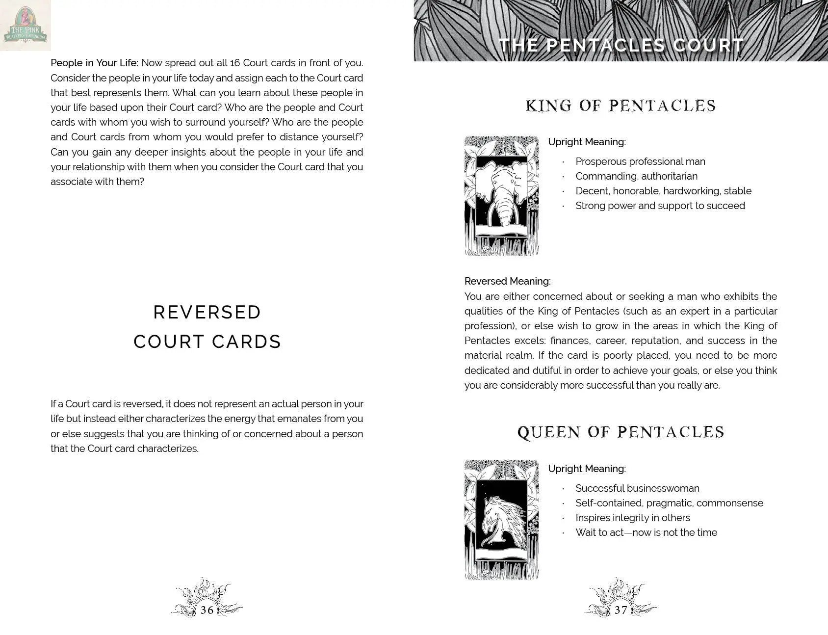An illustrated page details the King and Queen of Pentacles meanings, reversals, and reflection questions—ideal for your Intuitive Wisdom: Color-Your-Deck Tarot Cards by REDFeather. Perfect reference for intuitive tarot practice or coloring.