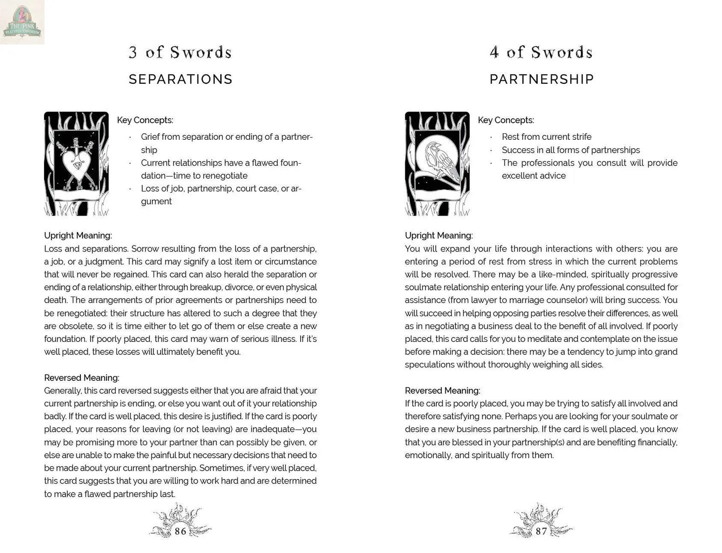 A two-page spread from REDFeather’s Intuitive Wisdom: Color-Your-Deck Tarot Cards displays black text on white for 3 of Swords: Separations and 4 of Swords: Partnership, with key concepts and meanings.
