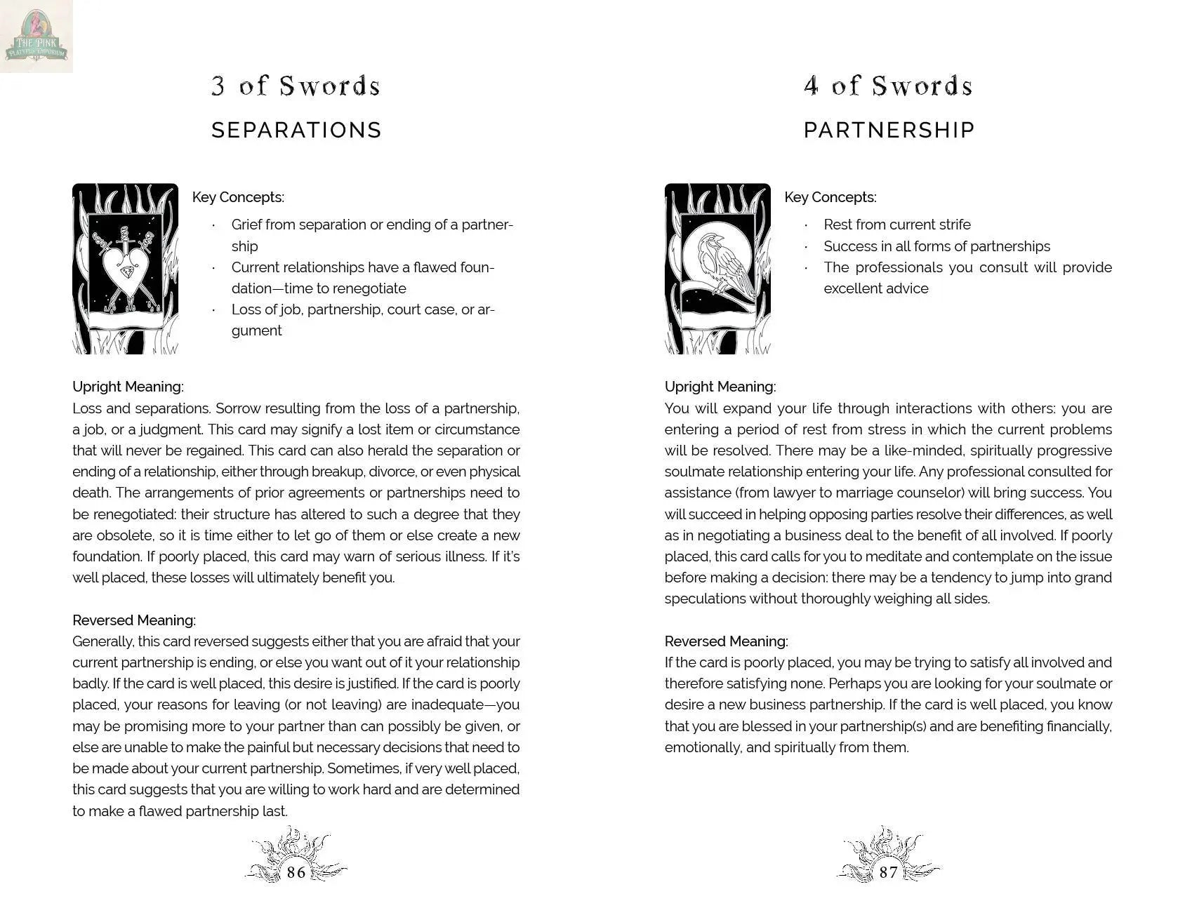 A two-page spread from REDFeather’s Intuitive Wisdom: Color-Your-Deck Tarot Cards displays black text on white for 3 of Swords: Separations and 4 of Swords: Partnership, with key concepts and meanings.