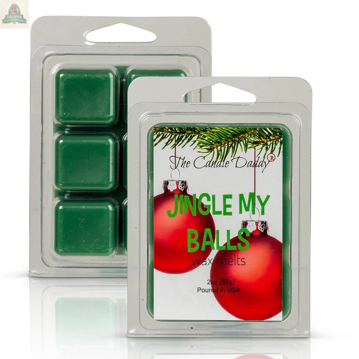 Two packages of Jingle My Balls - Holly Berry Funny Christmas Scent wax melts are shown. The front label features red ornaments, pine branches, and The Candle Daddy logo—enjoy these strongly scented wax melt cubes!.