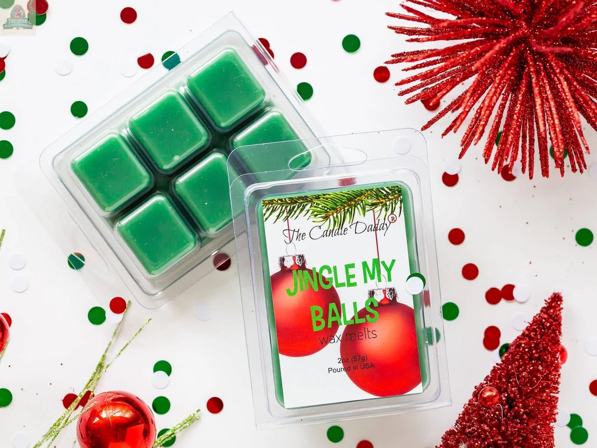 Jingle My Balls - Holly Berry Funny Christmas Scent wax melts come in a festive clamshell with red ornaments, greenery, and confetti for a bold holiday fragrance and maximum scented wax melt cubes experience.