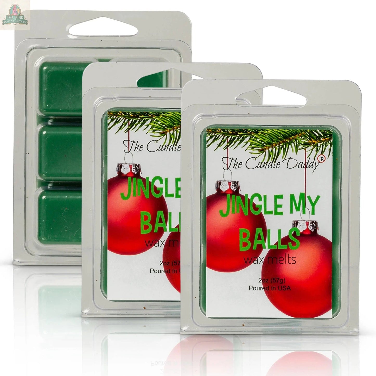 Three packs of Candle Daddy’s Jingle My Balls - Holly Berry wax melts feature festive packaging with two red ornaments and pine branches. These highly scented cubes come in clear containers, perfect for holiday wax melt fans.