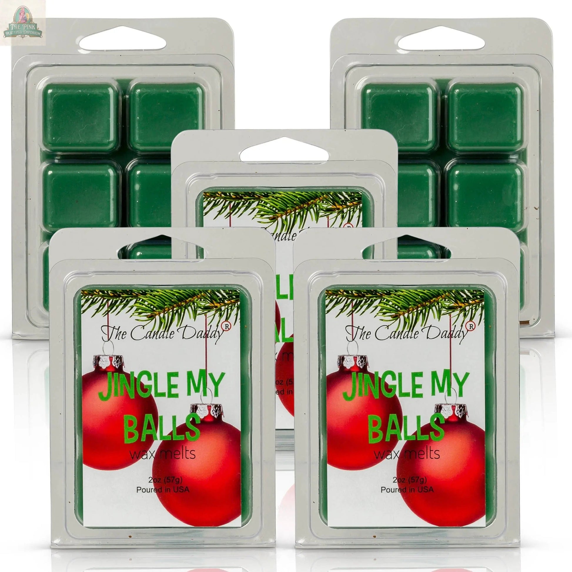 Five packs of Candle Daddy wax melts are arranged together. The front packs, labeled "Jingle My Balls - Holly Berry Funny Christmas Scent," feature red ornaments and pine branches for a festive, fragrant touch.
