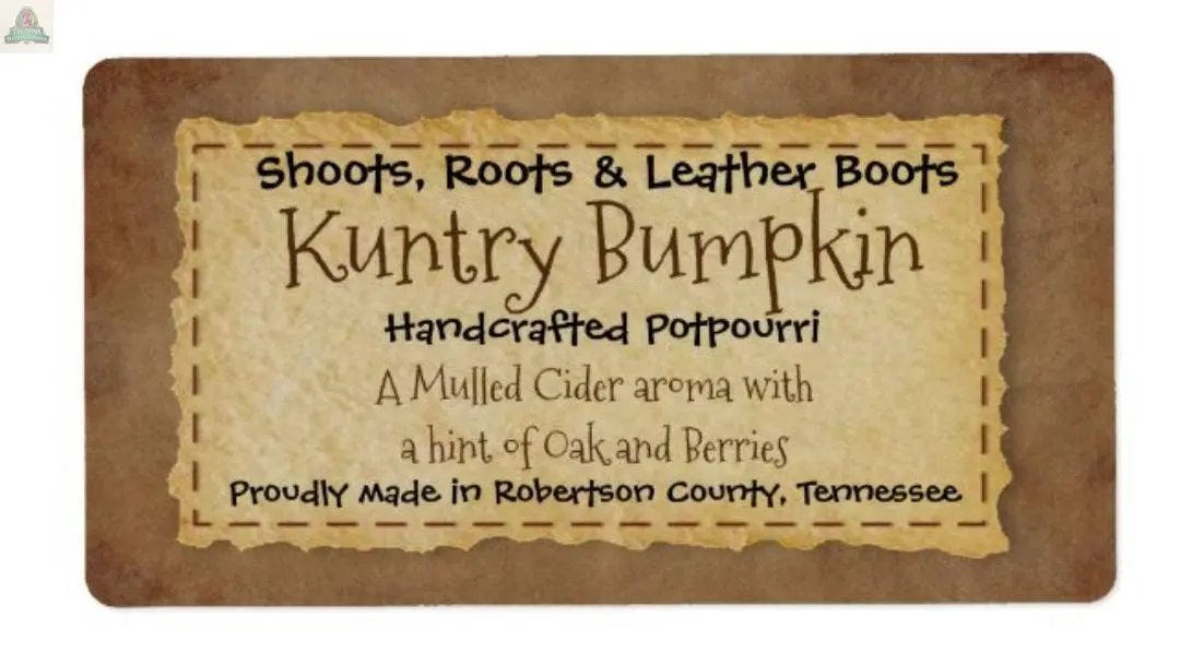 A rustic label reads "Shoots, Roots & Leather Boots." Kuntry Bumpkin Handcrafted Potpourri (5 cups) features mulled cider, oak, and berry notes—a charming home fragrance made in Robertson County, Tennessee.