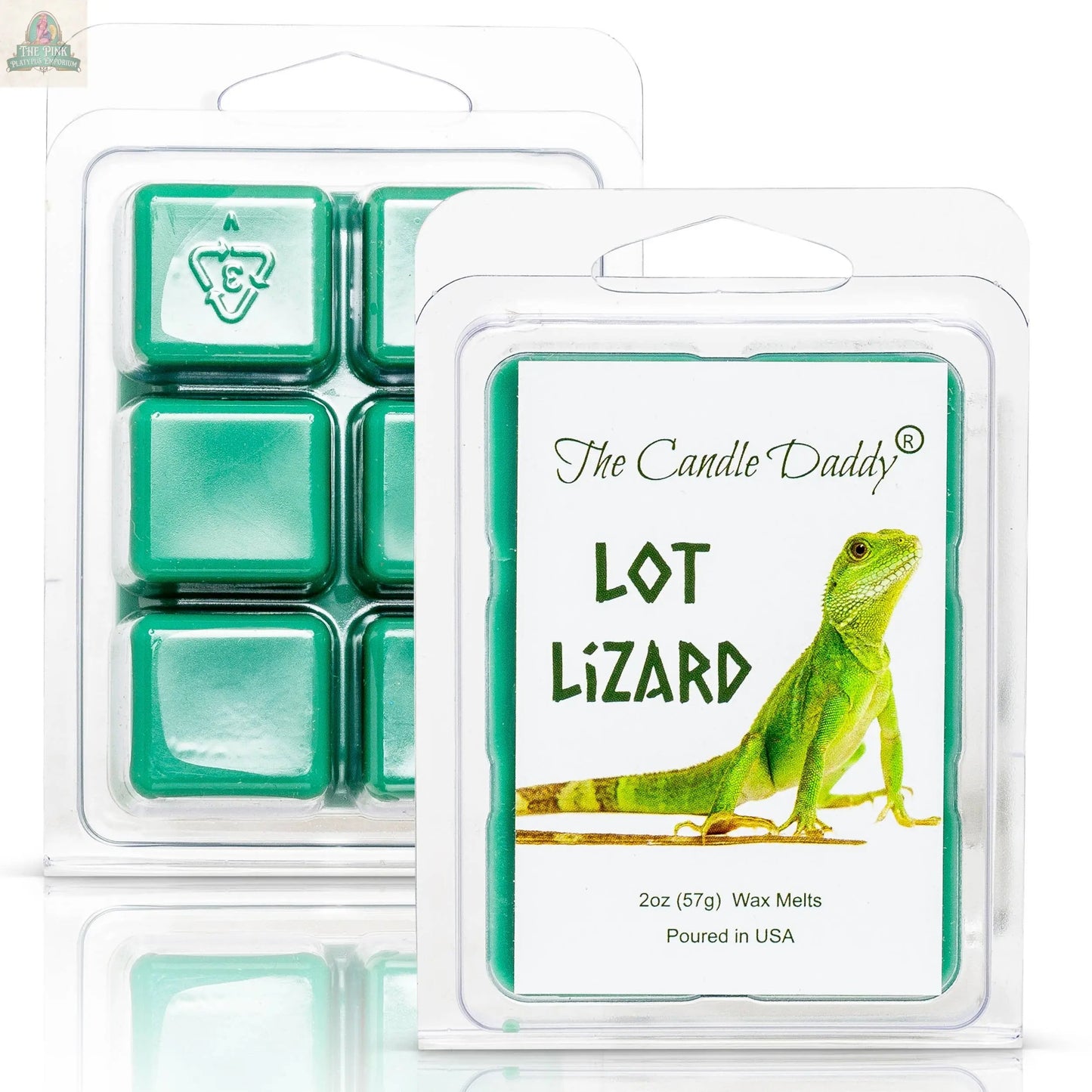 A package labeled LOT LIZARD - PINE AIR FRESHENER SCENTED WAX MELT features a green lizard image and contains six square wax melts in aromatherapy packaging with product details.