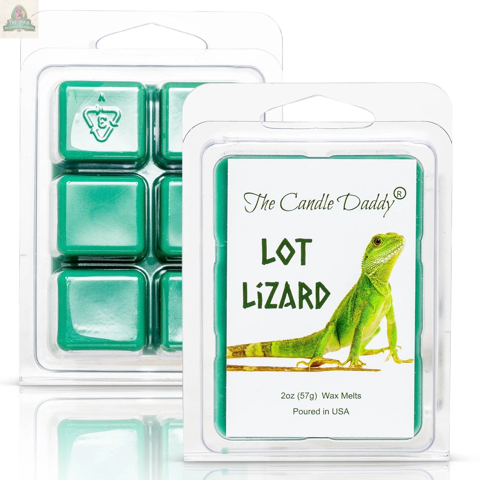 A package labeled LOT LIZARD - PINE AIR FRESHENER SCENTED WAX MELT features a green lizard image and contains six square wax melts in aromatherapy packaging with product details.