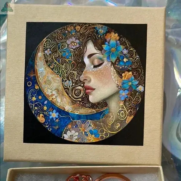 The Lady of The Moon Gift Box with Hagstone Beaded Keychain features a card of a serene woman with blue and gold floral accents against a crescent moon and starry sky, evoking the tranquil, dreamy nights of Sanibel Island.