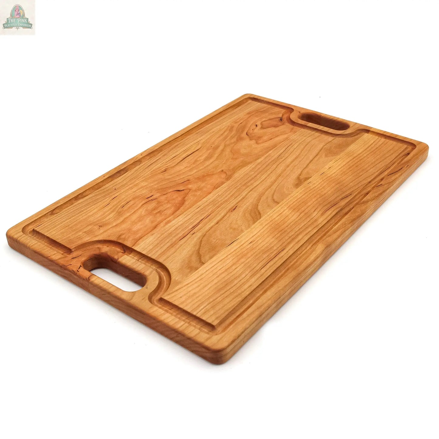 Large Cherry Wood Cutting Board With Juice Groove and Handles 18 x 12 Inches, Cherry Charcuterie Board, Cherry Cheese Board, 100% USA Made Pink Platypus Emporium