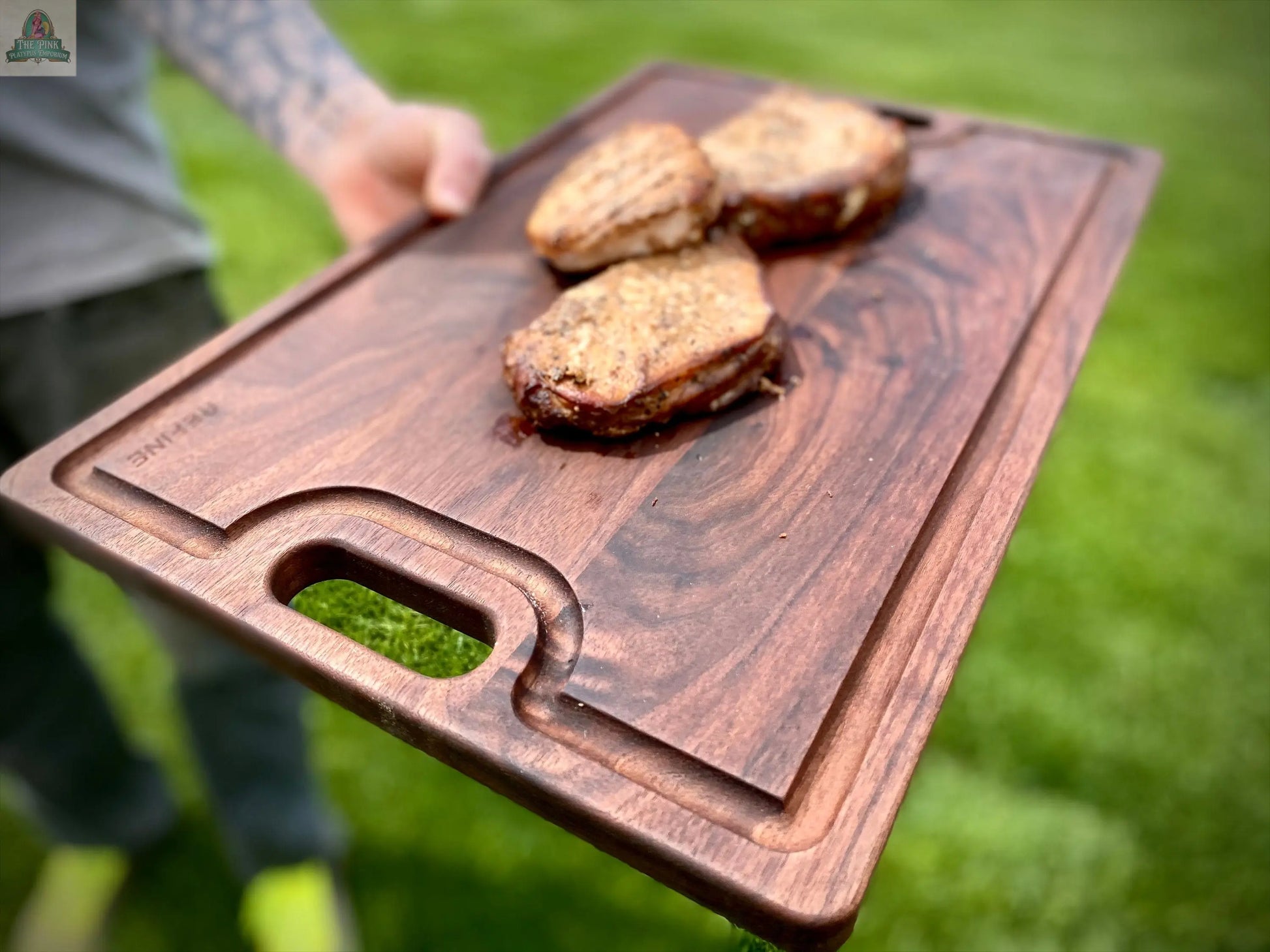 Large Cutting Board With Handles and Juice Groove 18x12, Walnut Reversible Wood Cutting Board, Doubles as a Wooden Serving Tray With Handles Pink Platypus Emporium
