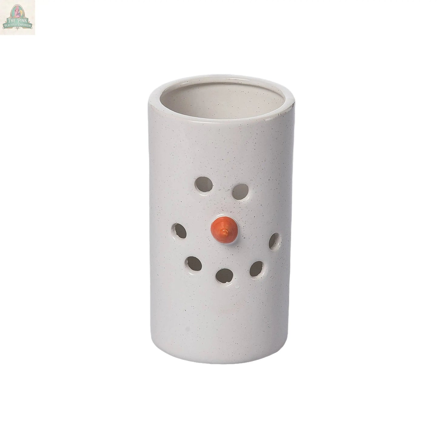 The Large Rustic Dolomite Snowman Luminary Christmas Decor features a white ceramic cylinder with smiley face cutouts and an orange nose knob, making it a charming holiday accent against a plain white background.