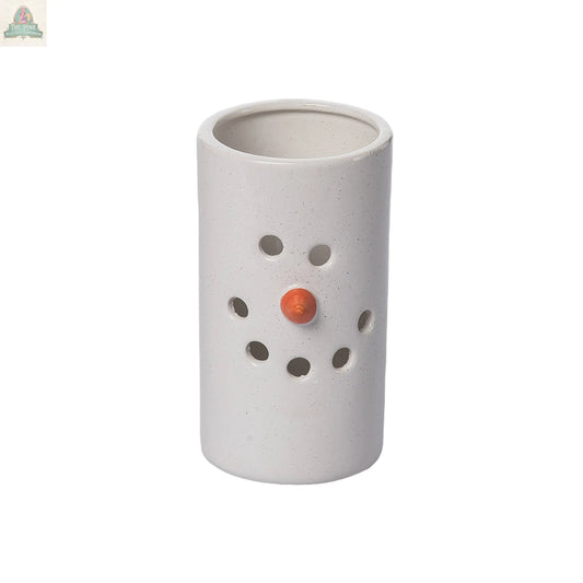 The Large Rustic Dolomite Snowman Luminary Christmas Decor features a white ceramic cylinder with smiley face cutouts and an orange nose knob, making it a charming holiday accent against a plain white background.
