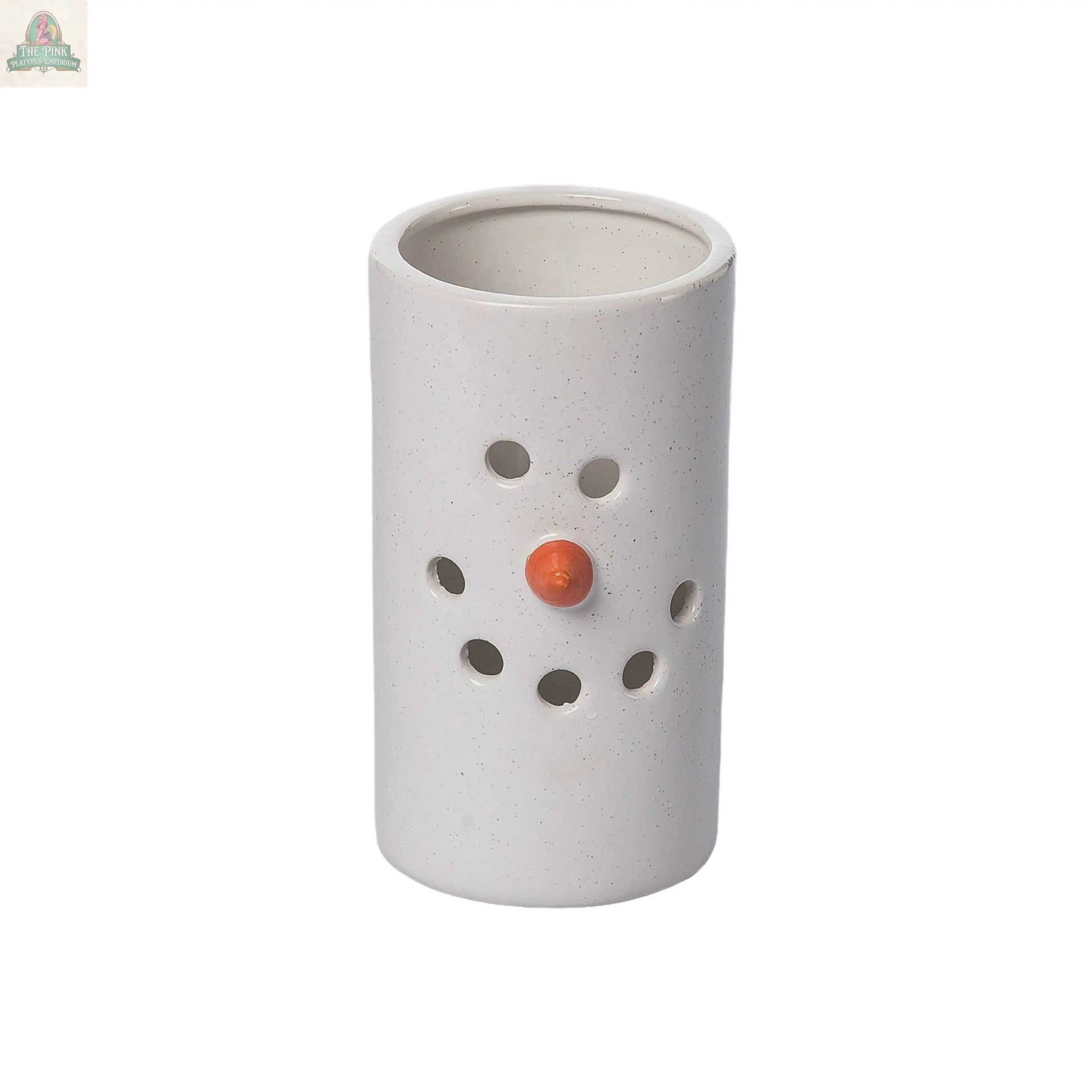 The Large Rustic Dolomite Snowman Luminary Christmas Decor features a white ceramic cylinder with smiley face cutouts and an orange nose knob, making it a charming holiday accent against a plain white background.