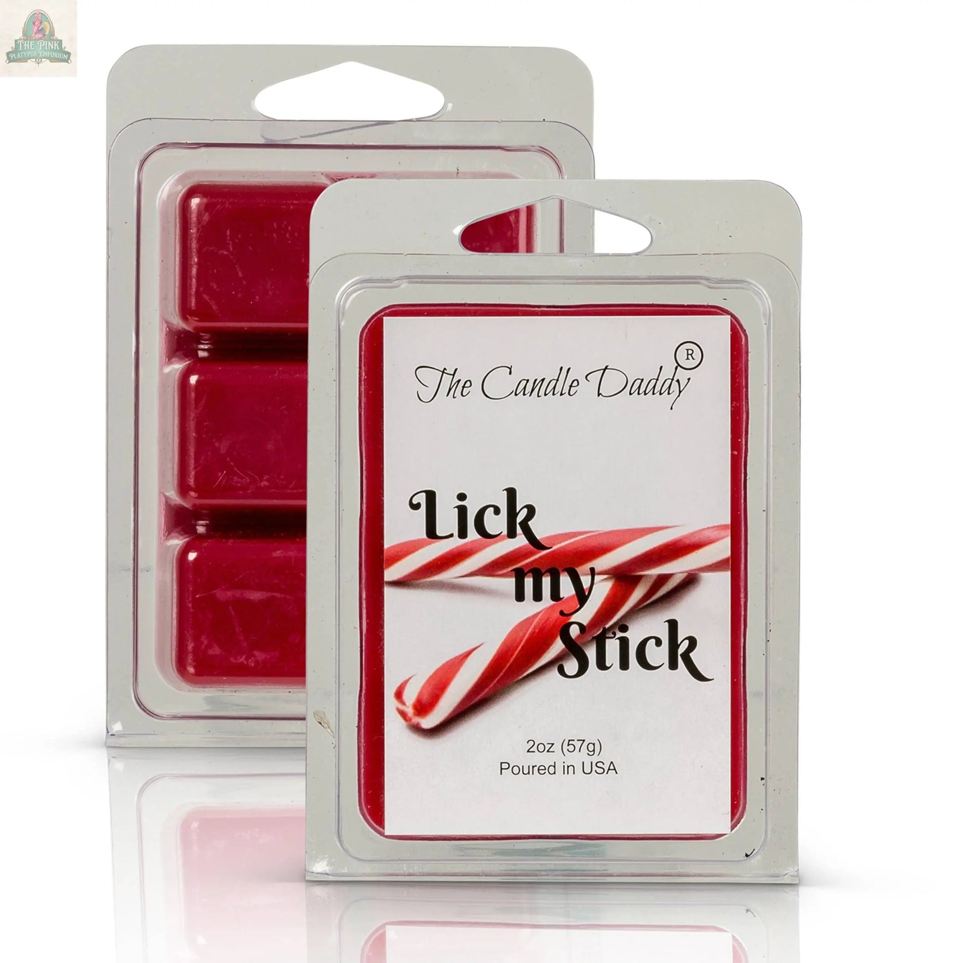 Two packs of Candle Daddy’s Lick My Stick - Funny - Peppermint Christmas wax melts are shown, each 2oz (57g) and made in the USA. The label features two candy canes.