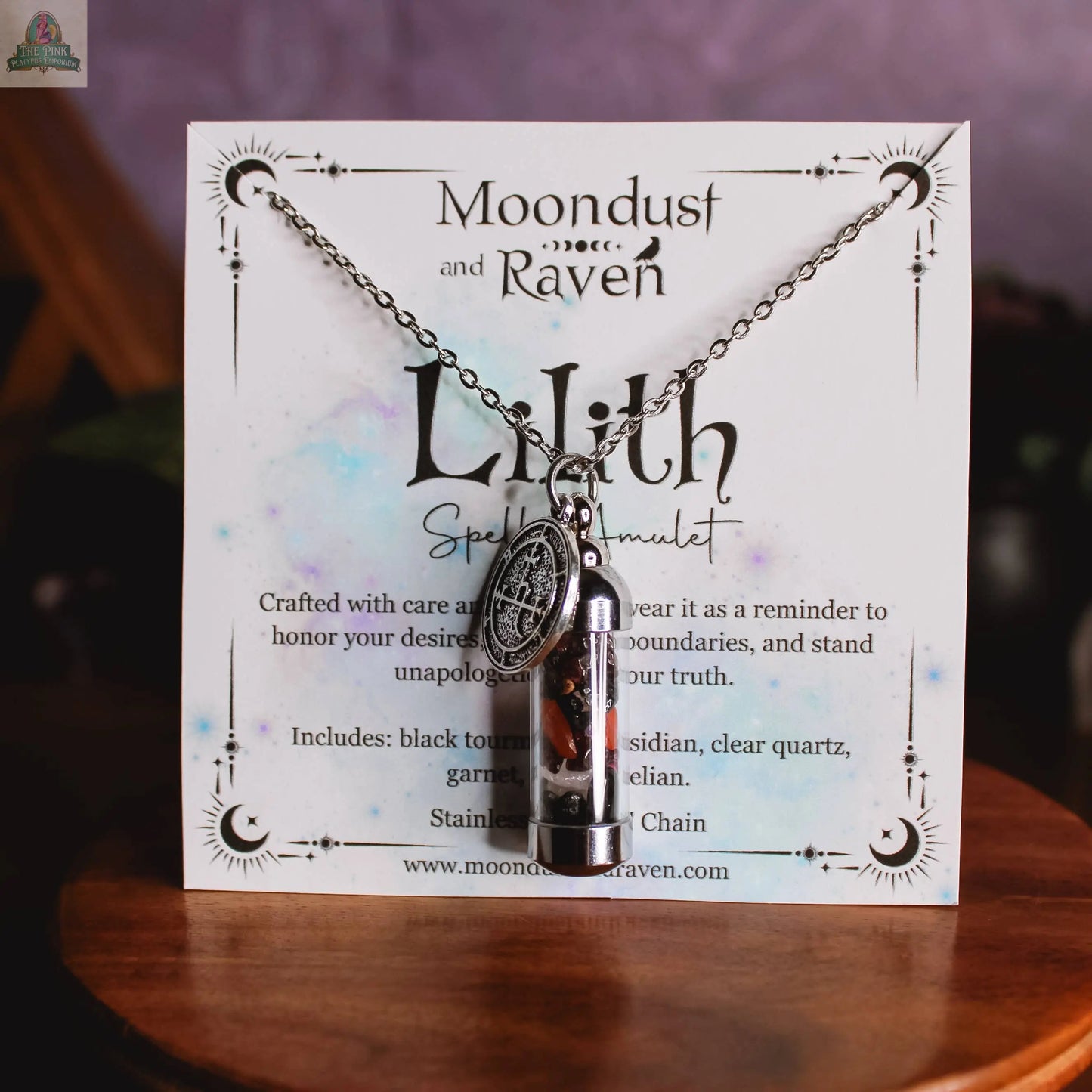 Lilith Spell Jar Amulet Necklace, Witchy Crystal Jewelry Moondust and Raven