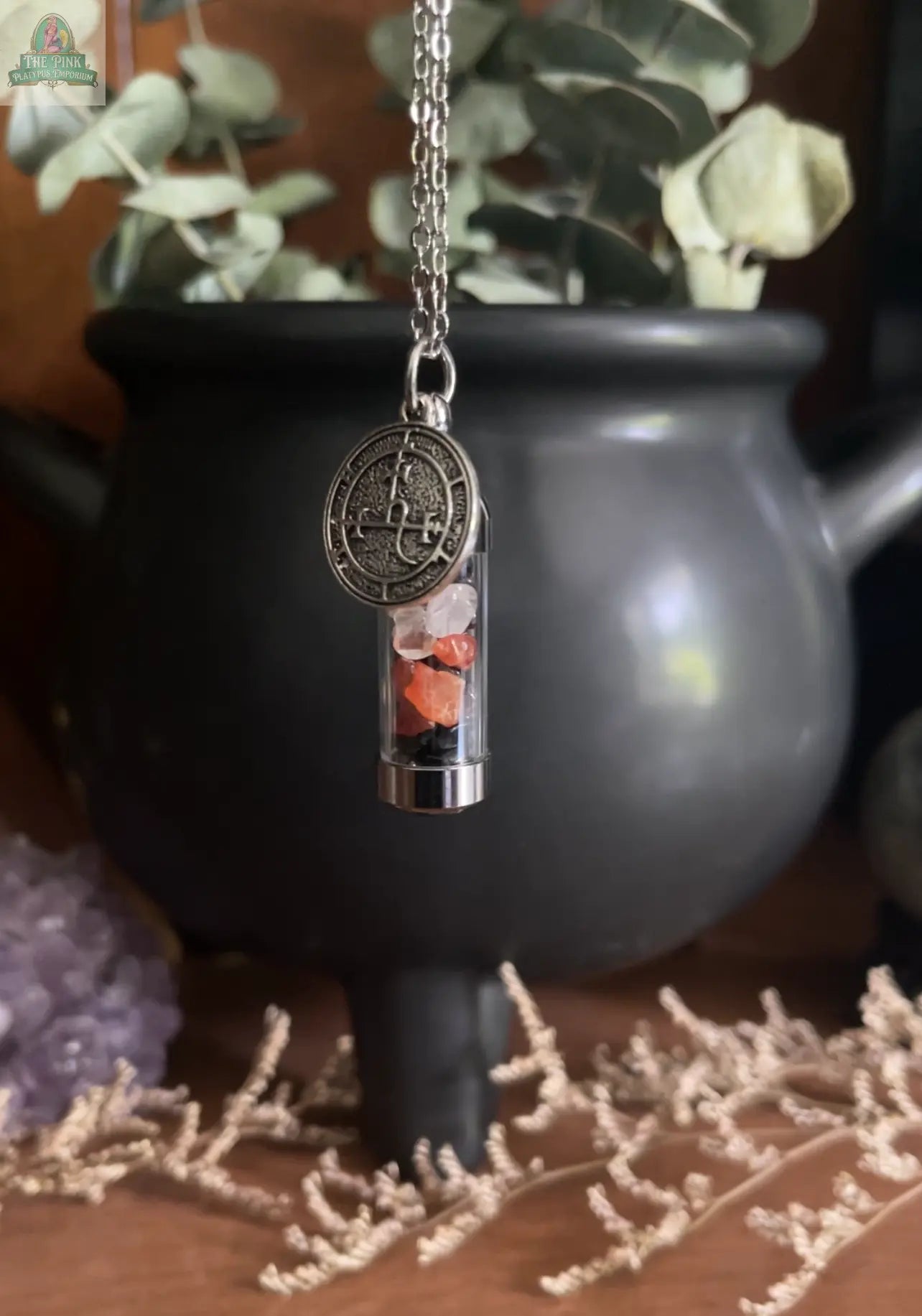 Lilith Spell Jar Amulet Necklace, Witchy Crystal Jewelry Moondust and Raven