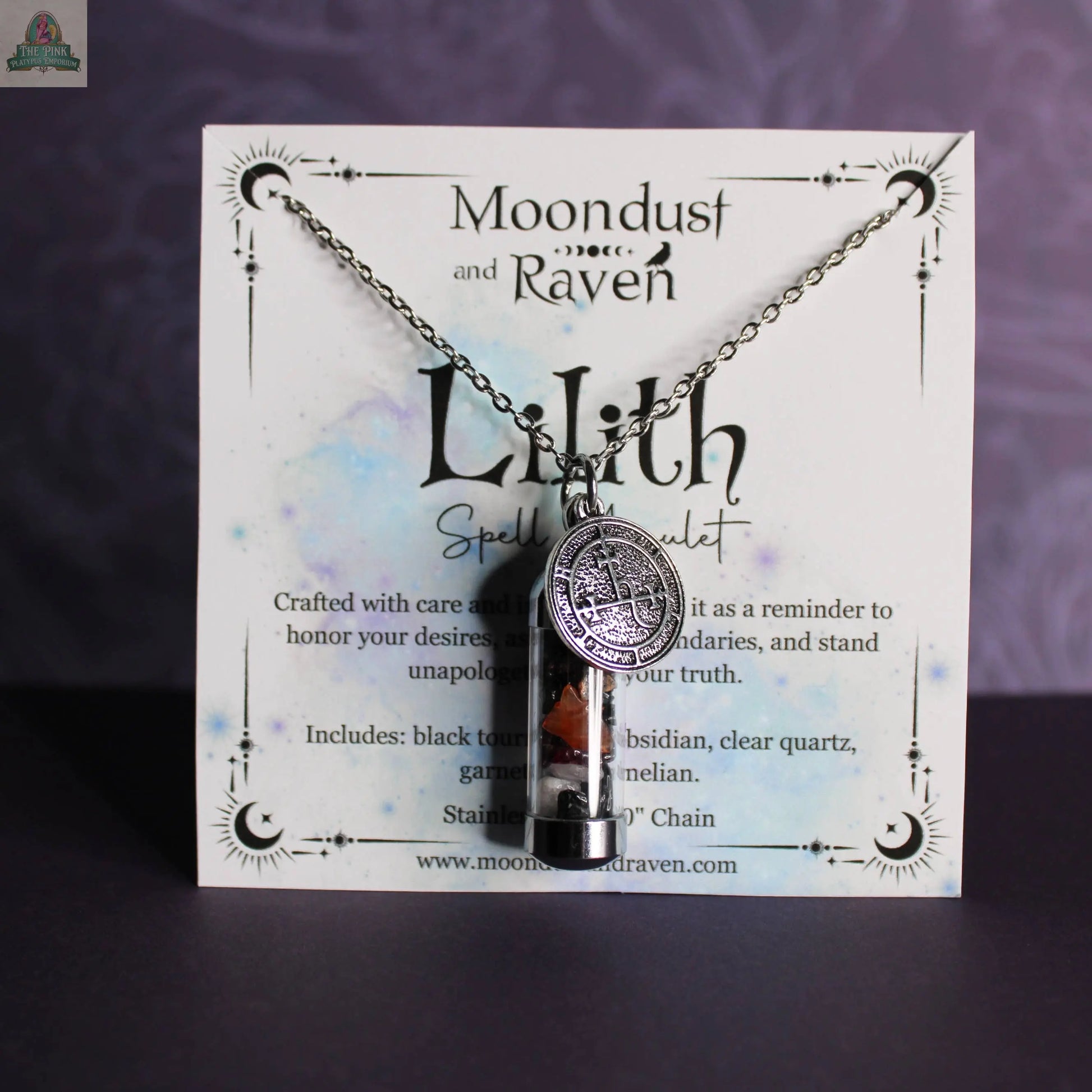 Lilith Spell Jar Amulet Necklace, Witchy Crystal Jewelry Moondust and Raven