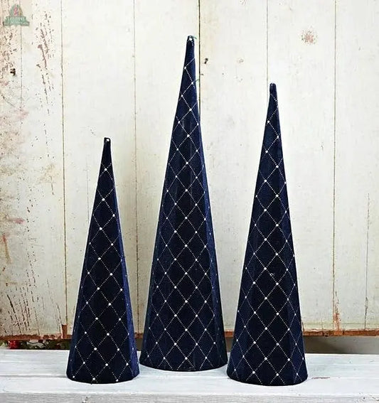 M10928ABC- Set/3 BLUE VELVET AND SILVER DIAMOND CONE TREES Holiday Depot Inc.