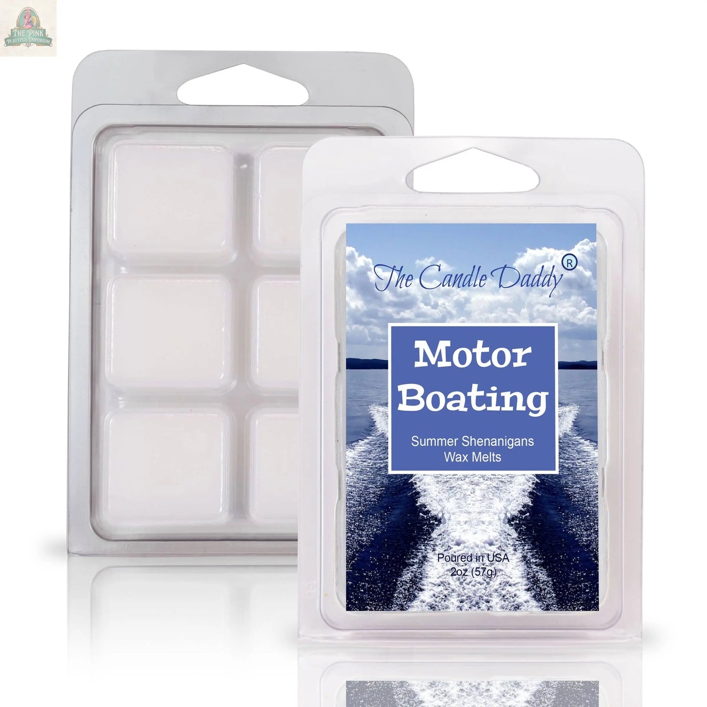 The Candle Daddy's MOTOR BOATING - SUMMER SHENANIGANS scented wax melt (2oz) includes six white cubes in a clear clamshell with a boat wake on water label, perfect for bringing summer vibes to your space.
