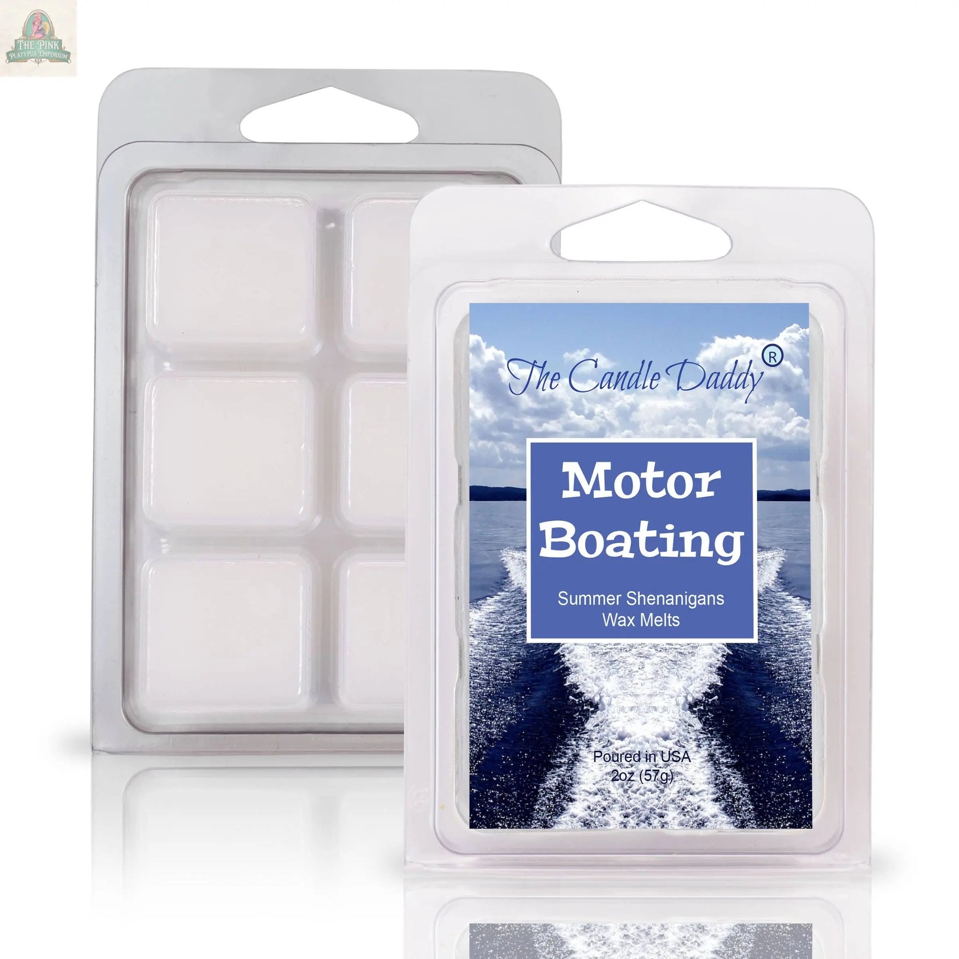 The Candle Daddy's MOTOR BOATING - SUMMER SHENANIGANS scented wax melt (2oz) includes six white cubes in a clear clamshell with a boat wake on water label, perfect for bringing summer vibes to your space.