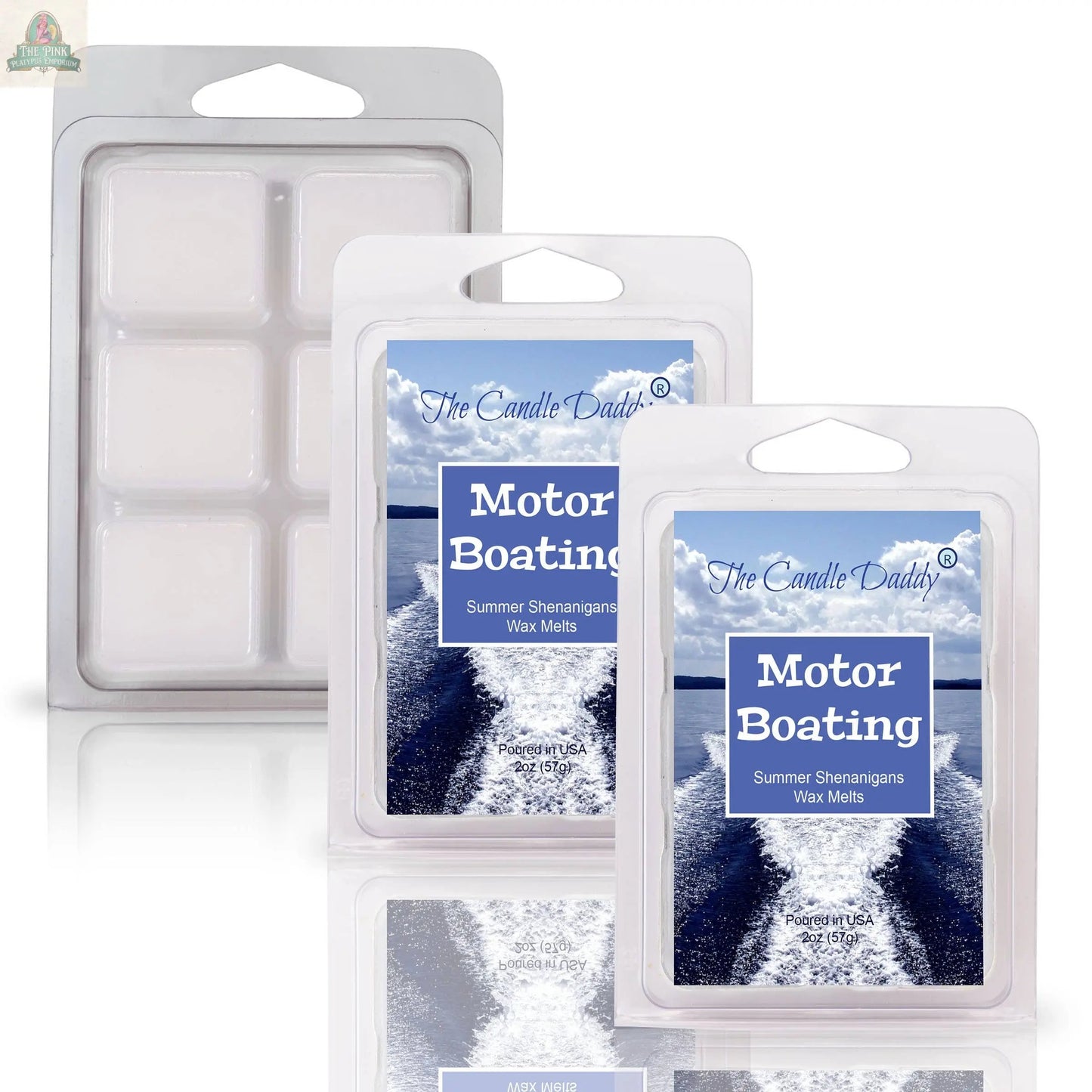 Three packs of wax melts are shown: two packs of MOTOR BOATING - SUMMER SHENANIGANS SCENTED WAX MELT 2OZ by The Candle Daddy with a boat wake image, plus one unbranded pack of six white cubes—ideal for stress relief and aromatherapy.