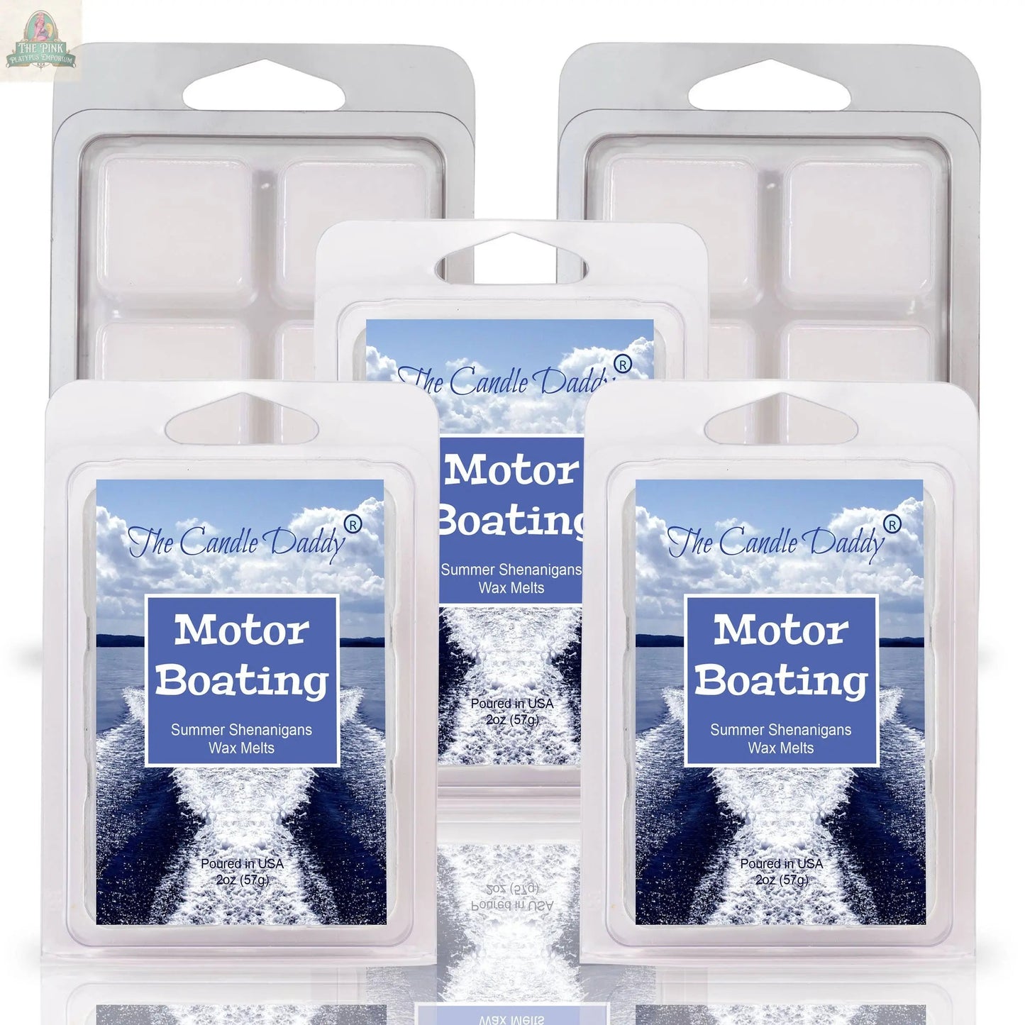Five packs of MOTOR BOATING - SUMMER SHENANIGANS SCENTED WAX MELT 2OZ by The Candle Daddy are shown with boat wake and blue sky packaging and white wax—ideal for stress relief and aromatherapy.