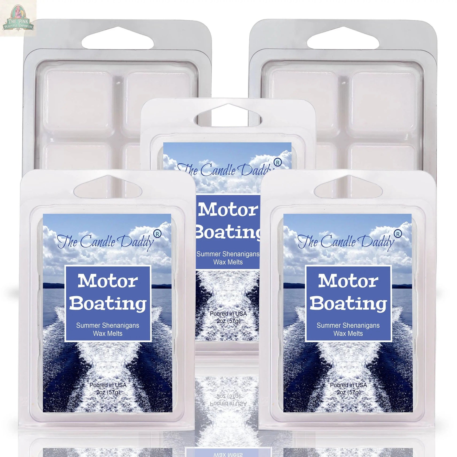 Five packs of MOTOR BOATING - SUMMER SHENANIGANS SCENTED WAX MELT 2OZ by The Candle Daddy are shown with boat wake and blue sky packaging and white wax—ideal for stress relief and aromatherapy.