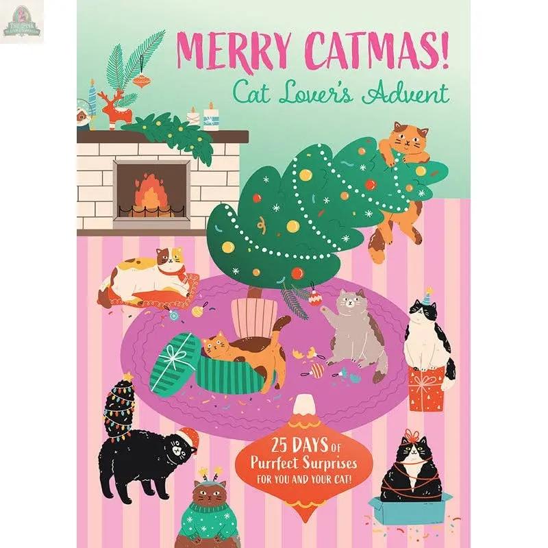 Illustration of seven cats playing around a Christmas tree with presents. A fireplace with stockings is in the background. Text: Merry Catmas! Cat Lover's Advent—25 days of purrfect surprises and cat collectibles!.