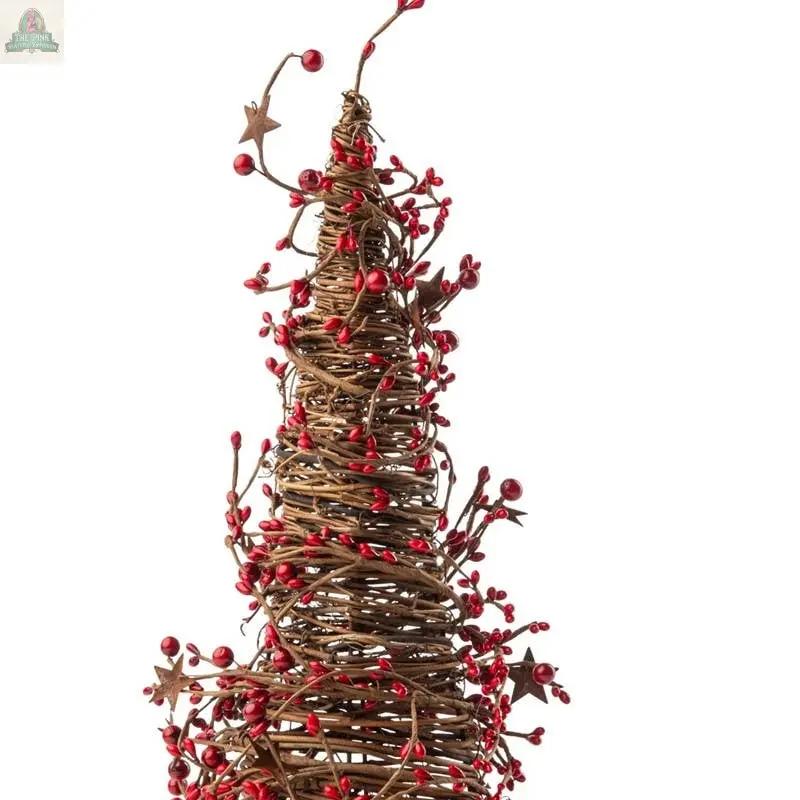The Mixed Berry Cone Tree With Rust Stars, 10in High (5.5in Dia), features twisted brown vines, red berries, and metal rust stars—perfect as a charming holiday centerpiece or festive decor accent against a white background.