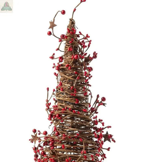The Mixed Berry Cone Tree With Rust Stars, 10in High (5.5in Dia), features twisted brown vines, red berries, and metal rust stars—perfect as a charming holiday centerpiece or festive decor accent against a white background.