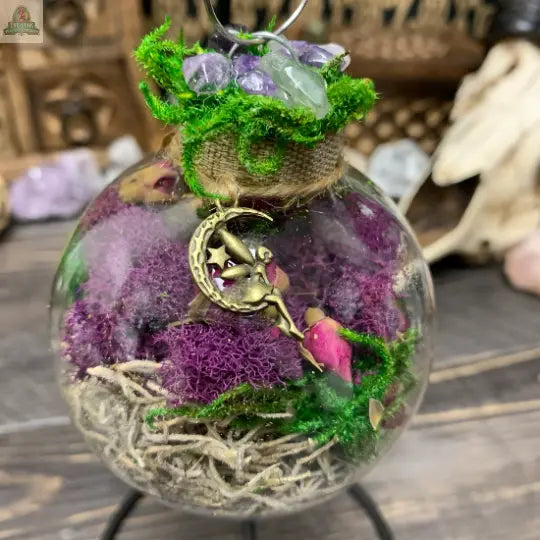 Moon Fairy Witch Ball, Witchy Decor, Altar Decor: Silver / Ball w/ Stand Moondust and Raven