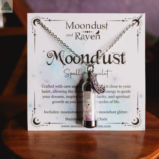 Moondust Spell Jar Amulet Necklace, Witchy Crystal Jewelry Moondust and Raven