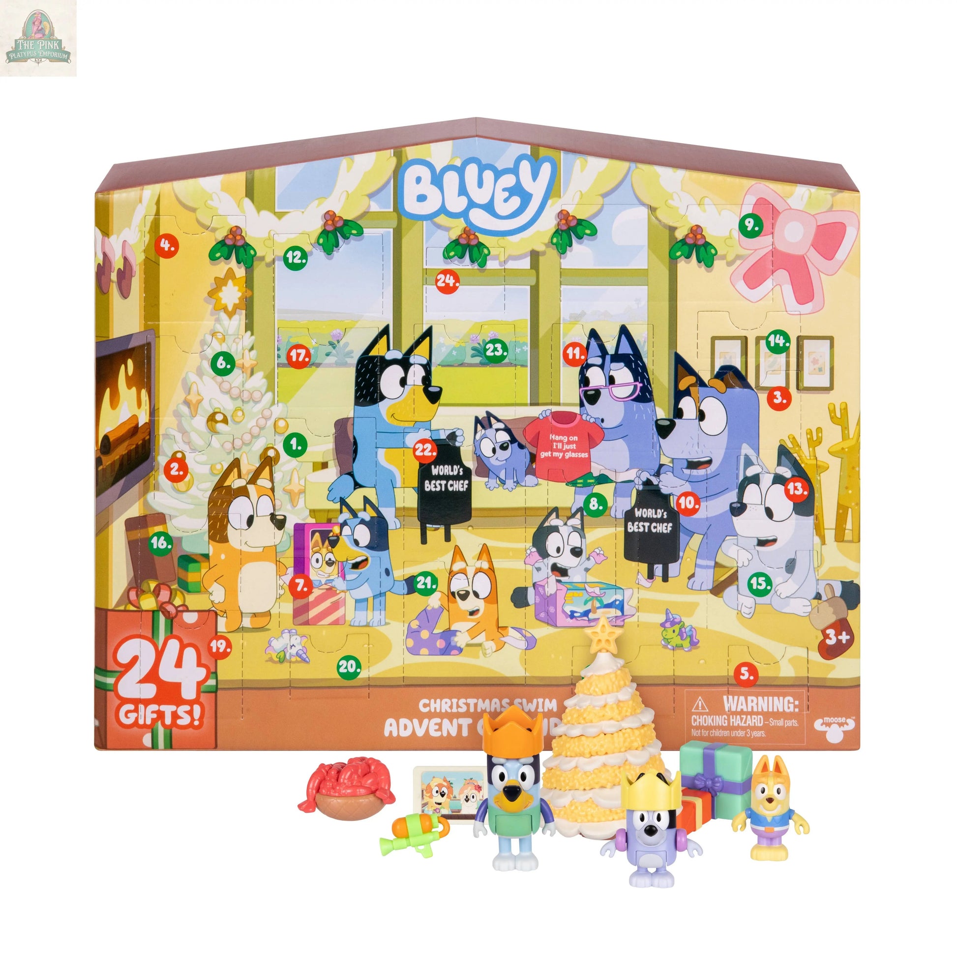 The Bluey Advent Calendar includes 24 numbered doors, festive Bluey decorations, four character figurines, a cake, and small toys. This colorful holiday set is perfect as a Bluey surprise pack for fans.
