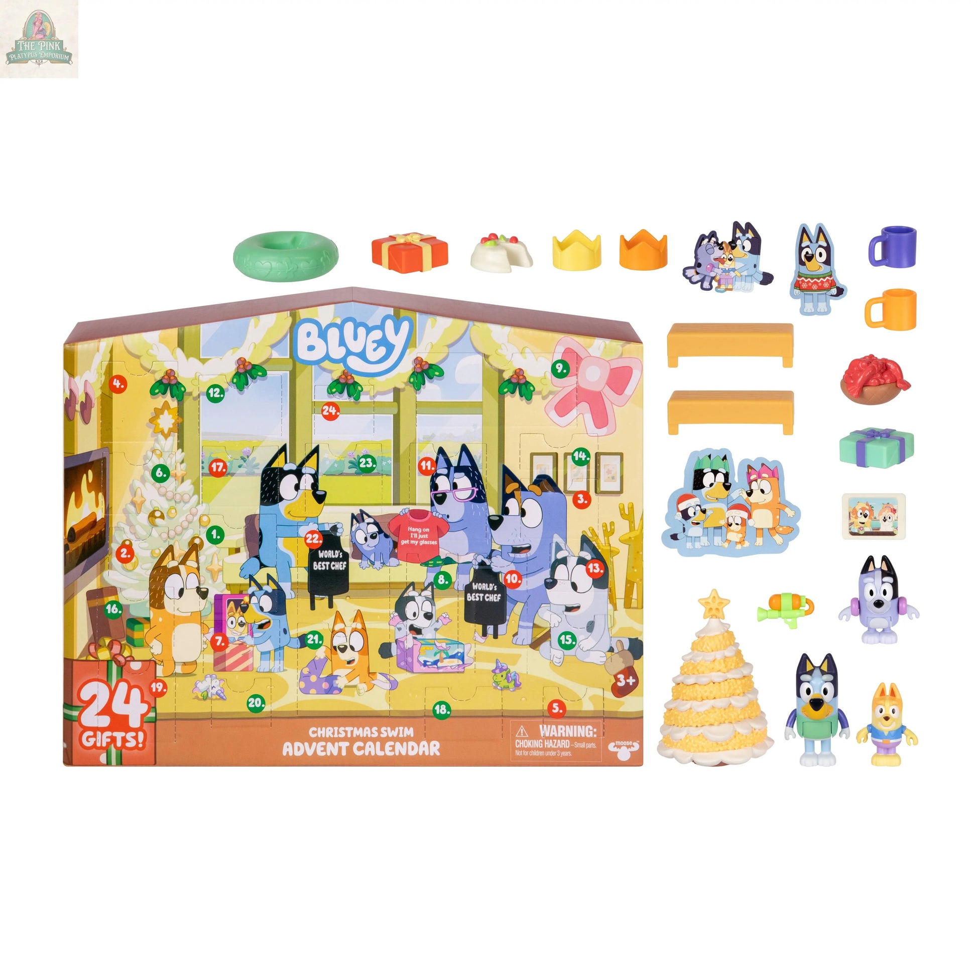 The Bluey Advent Calendar features 24 numbered windows filled with Bluey character figurines, accessories, gifts, and holiday-themed toys—ideal for fans looking for surprise packs this Christmas.