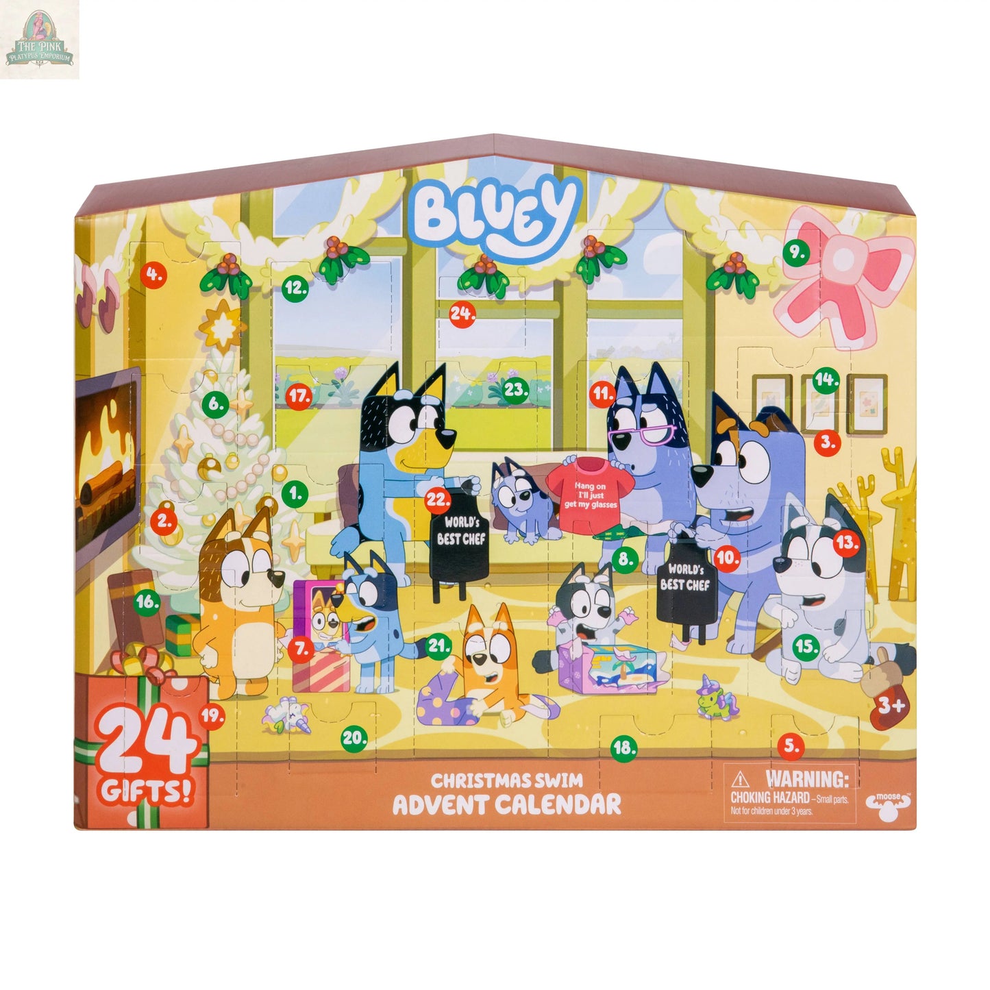 The Bluey Advent Calendar features the Bluey family in swimsuits by a festive tree, with 24 numbered doors hiding surprise pack gifts. Bright, cheerful colors and cartoon style bring holiday fun to life.