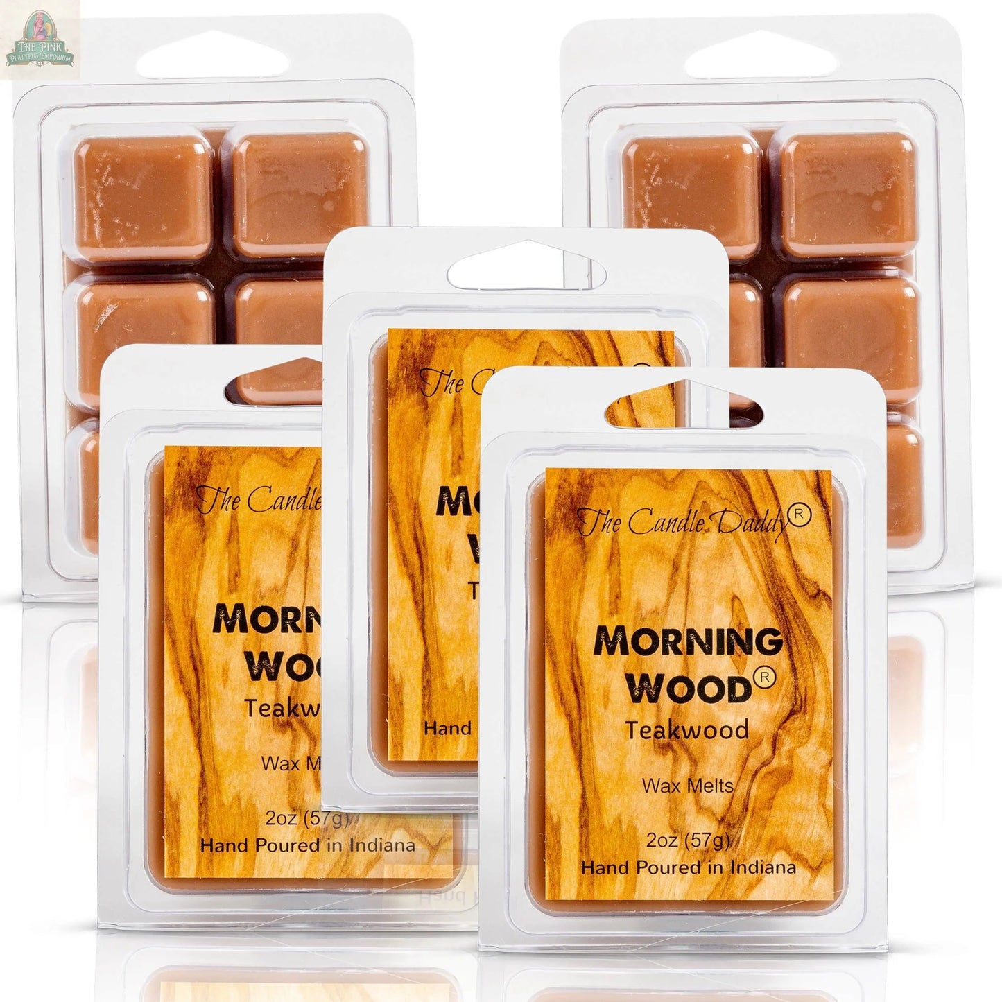 Five packs of Candle Daddy Morning Wood - Teak Wood Scented Wax Melt are shown. Each 2 oz (57 g) hand-poured wax features a wood grain design and strong scent, made in Indiana.