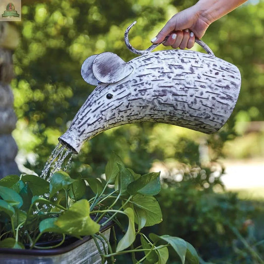 A hand pours water from the Mouse Watering Can onto green potted plants outdoors, surrounded by trees and sunlight—ideal for anyone who loves adorable garden accessories.