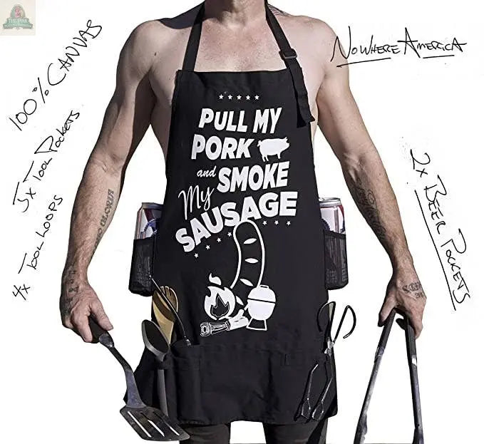 NOWHERE AMERICA - 'PULL MY PORK' - Funny BBQ Apron - Gag Gif Pink Platypus Emporium