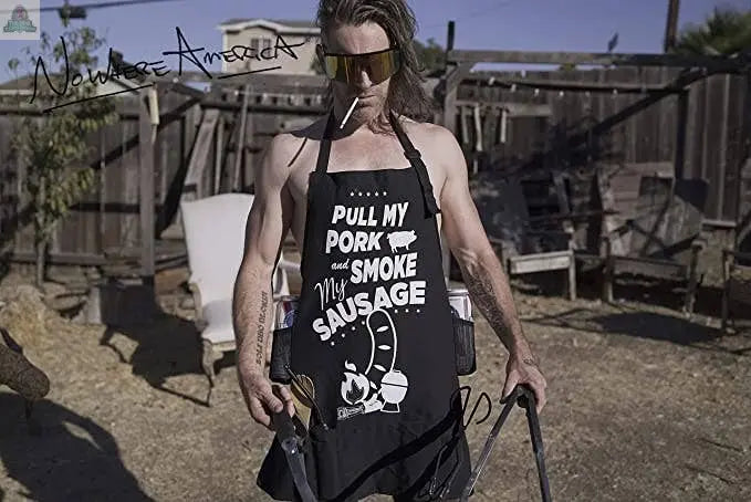 NOWHERE AMERICA - 'PULL MY PORK' - Funny BBQ Apron - Gag Gif Pink Platypus Emporium