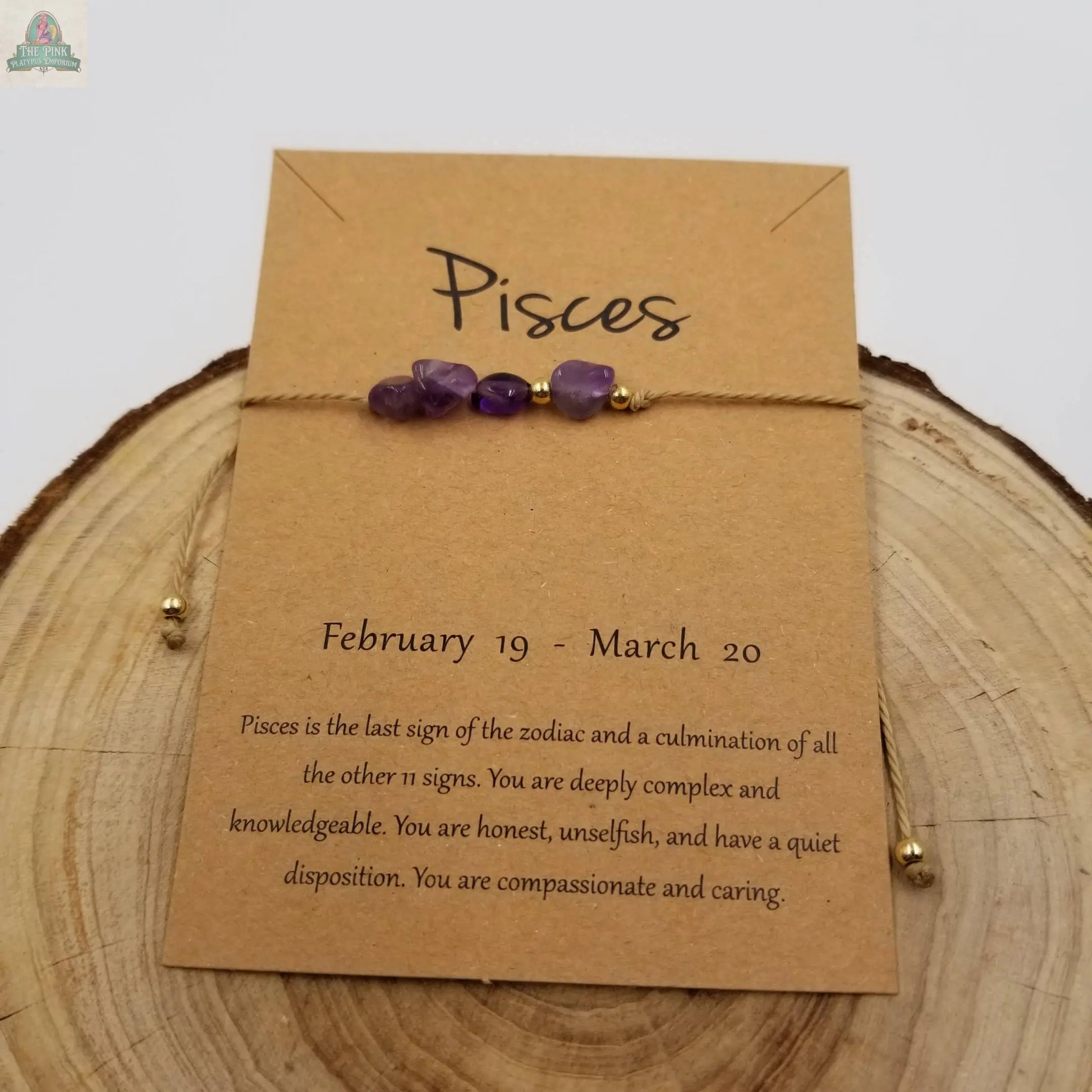 Natural Stone Handwoven Constellation Bracelet with Card: Pisces Pink Platypus Emporium