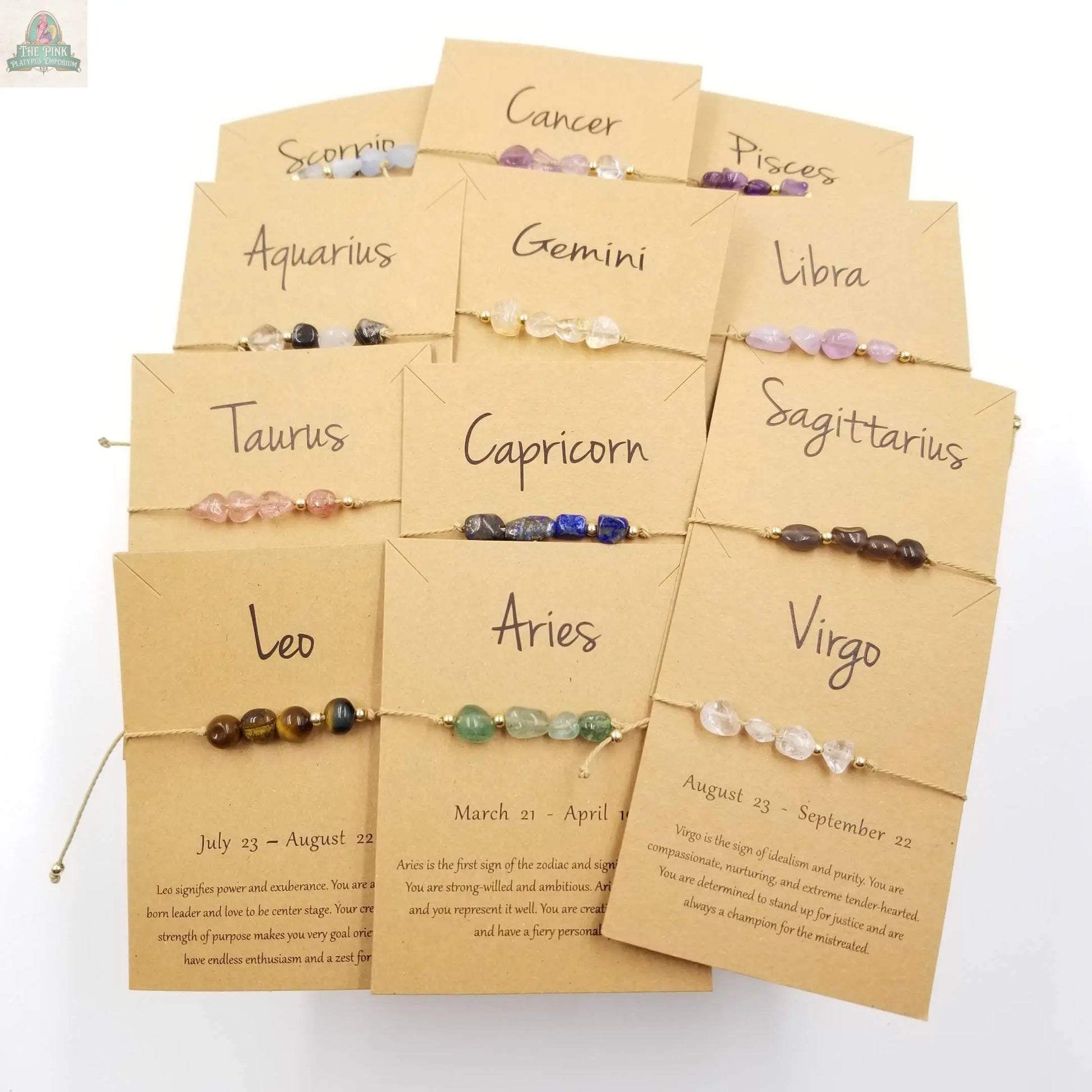 Natural Stone Handwoven Constellation Bracelet with Card: Pisces Pink Platypus Emporium