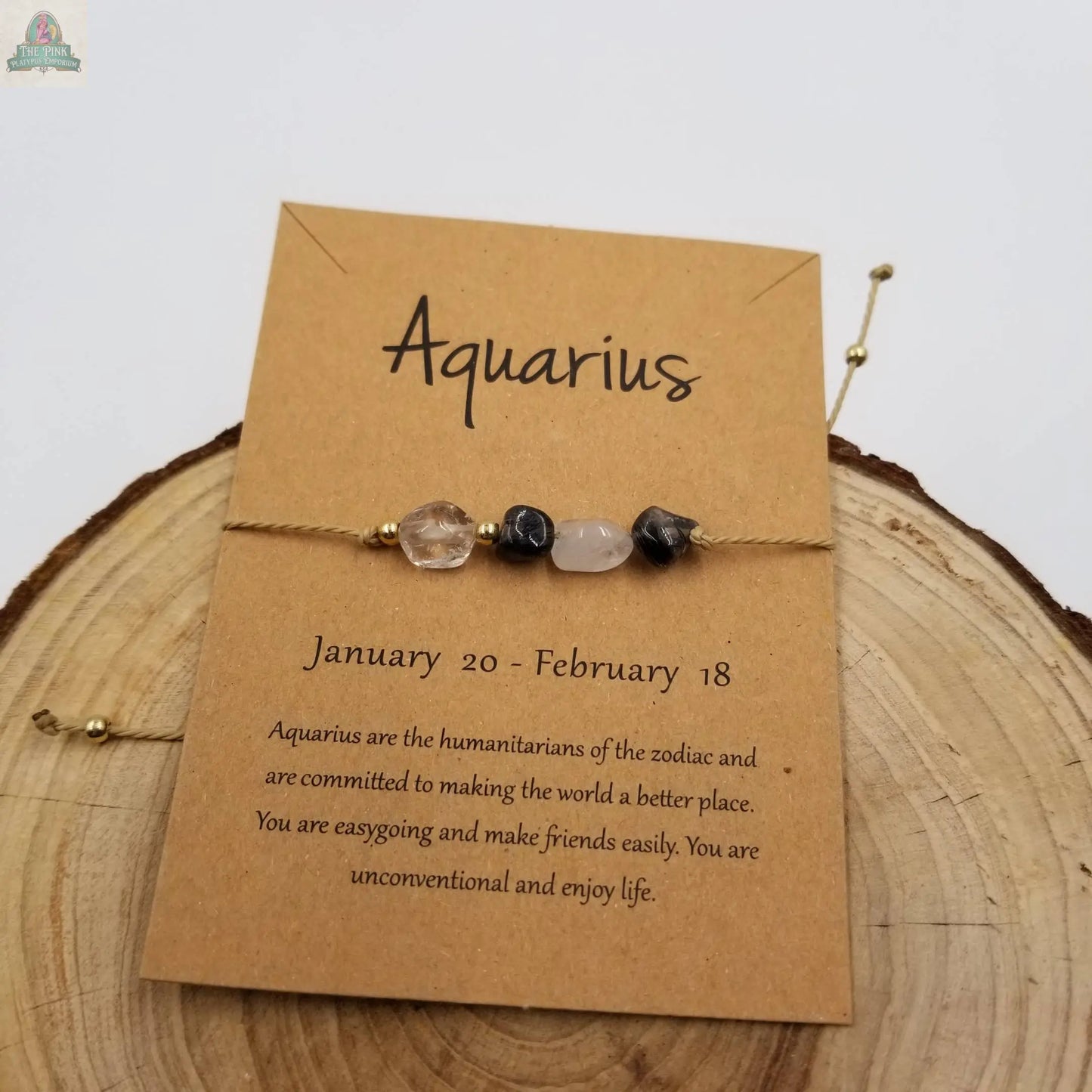 Natural Stone Handwoven Constellation Bracelet with Card: Pisces Pink Platypus Emporium