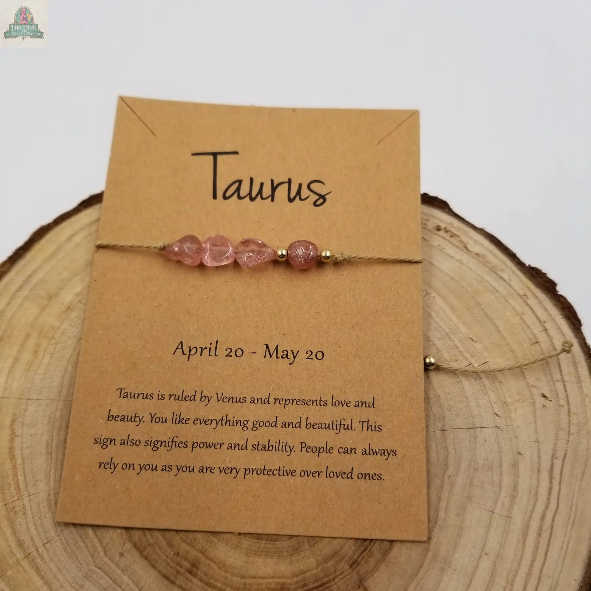 Natural Stone Handwoven Constellation Bracelet with Card: Pisces Pink Platypus Emporium
