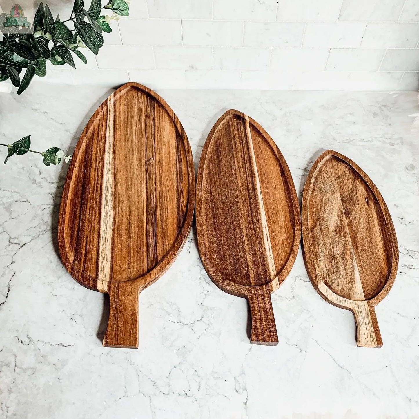 Three Nesting Trays | 3 Sizes, crafted from acacia wood with handles, are arranged from largest to smallest on a light marble counter, near a green leafy plant in the upper left corner.