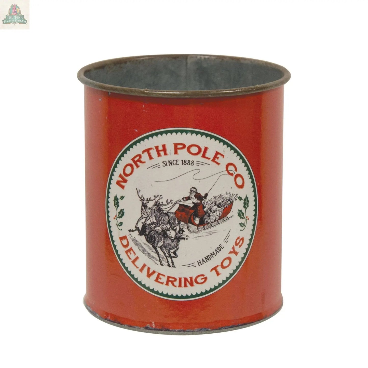 A festive vintage North Pole Co Can featuring a classic label and a charming illustration of Santa Claus in his sleigh with reindeer, perfect for holiday decor.