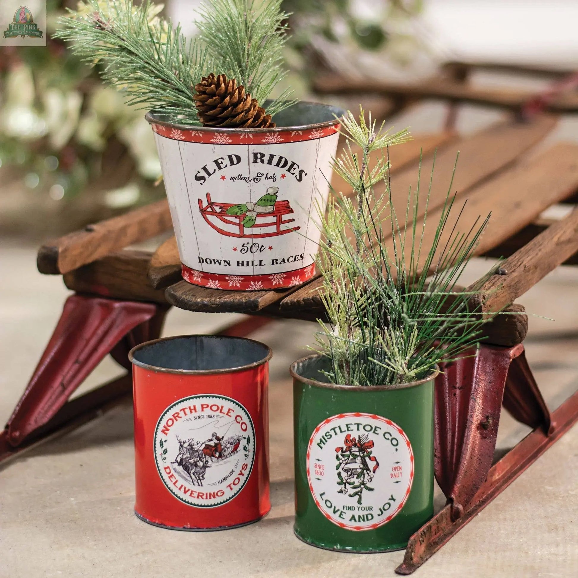 The North Pole Co. Can features festive holiday designs and is filled with pine branches and a pinecone, arranged in front of a rustic wooden sled with red runners for charming vintage holiday decor.