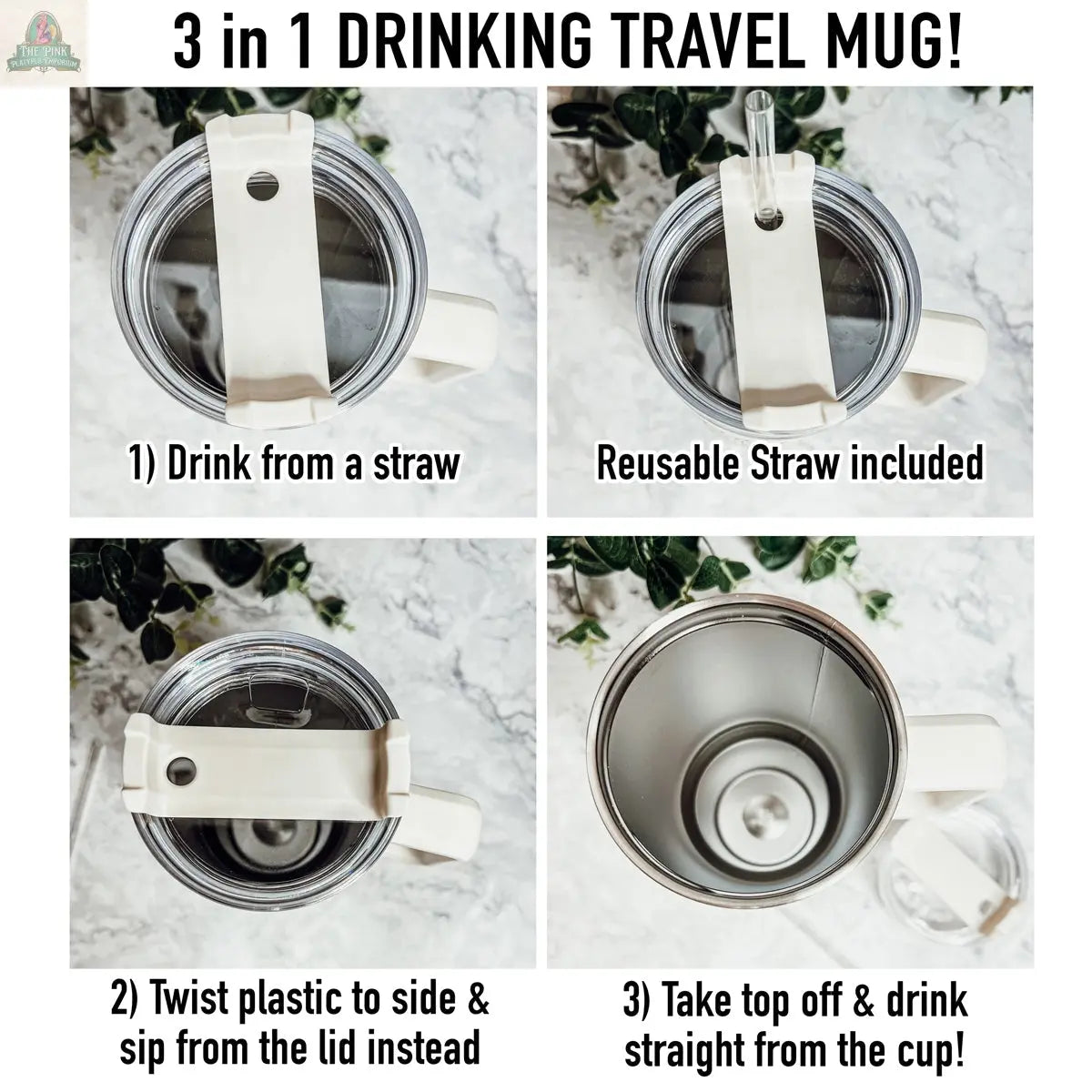 Four images show the white Official Hot Mess 40oz insulated cup with a clear lid. Text shows three drinking options: use a straw, sip from the lid, or remove the lid to drink directly. Mug is also photographed from above.