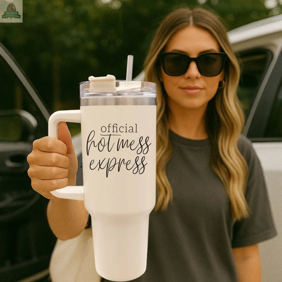 A woman in sunglasses and a gray t-shirt stands by a car, holding the Official Hot Mess 40oz insulated tumbler—a funny, on-the-go travel mug featuring “official hot mess express” in black script.