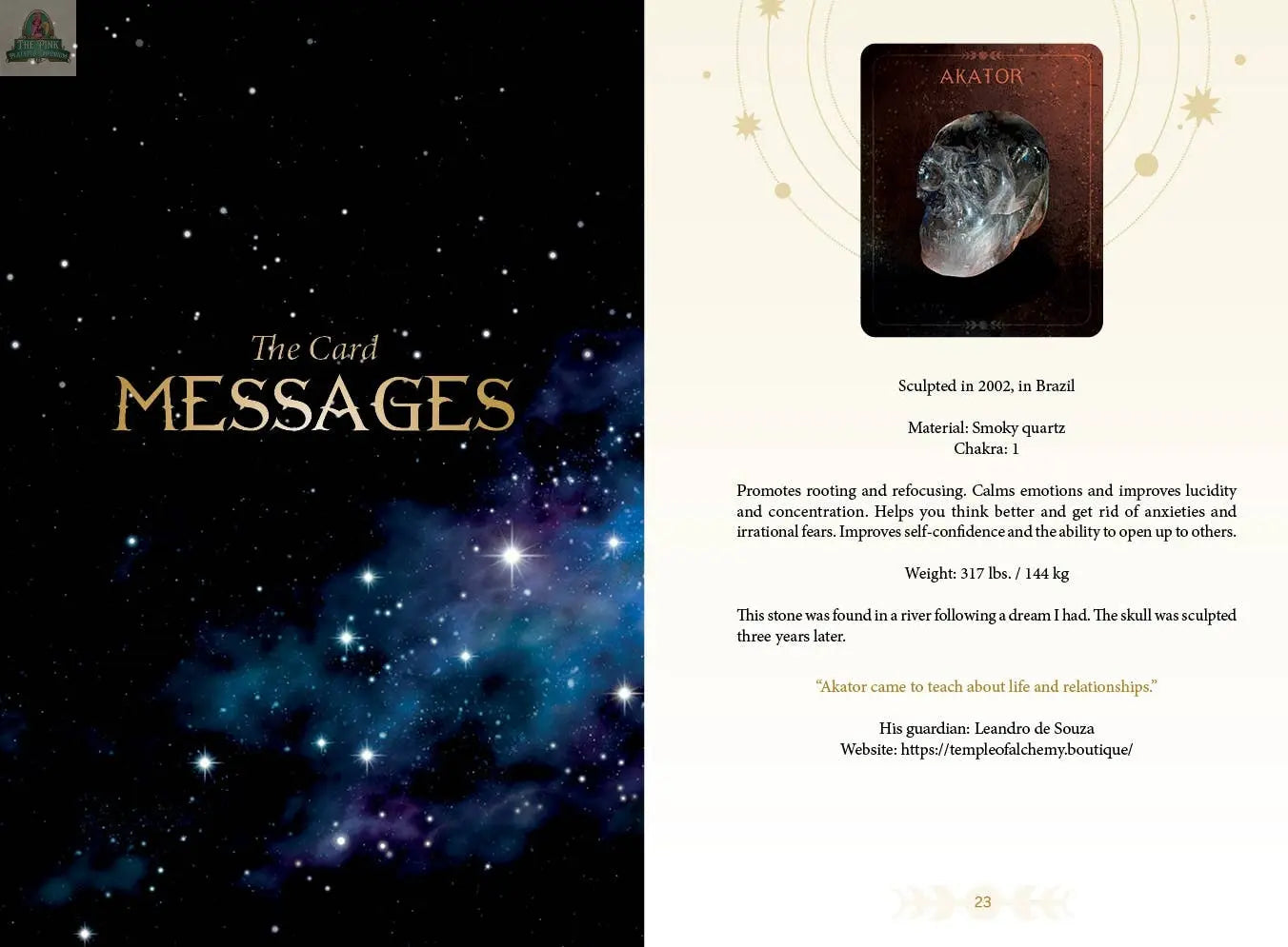 A two-page spread from REDFeather’s Oracle of the Crystal Skulls: Left page features a star-filled galaxy and “The Card MESSAGES.” Right page shows the AKATOR card with a crystal skull image and details about its properties and background.