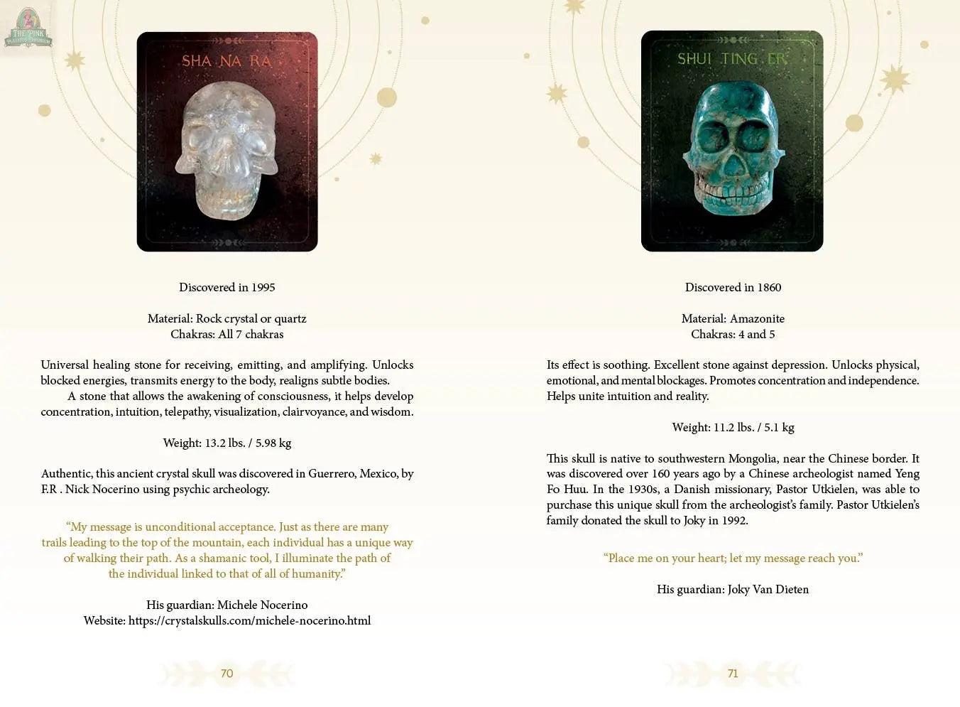 A page from REDFeather's Oracle of the Crystal Skulls features a skull, capturing the mystique of crystal skulls and ancient divination systems.