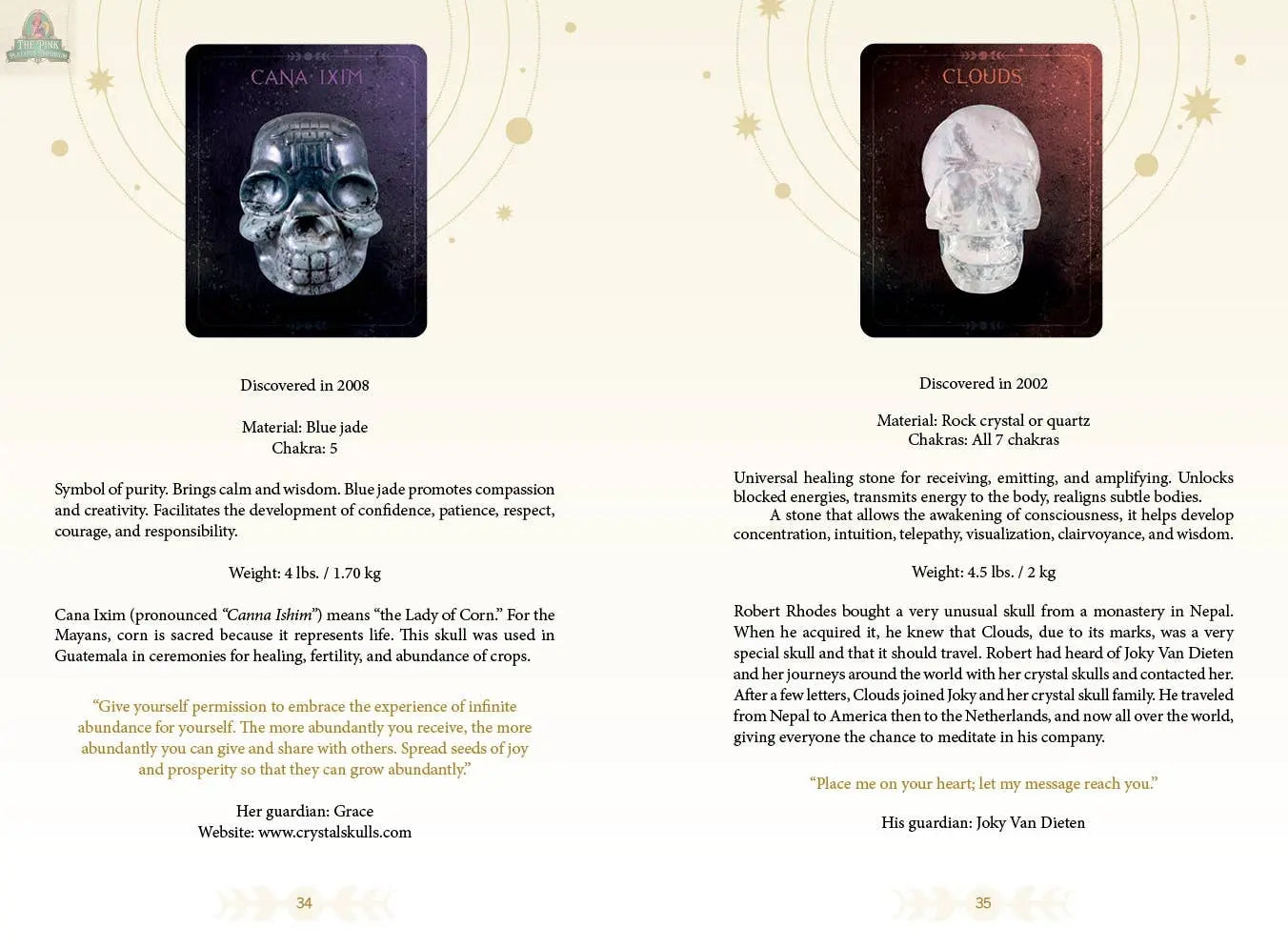Two pages from REDFeather’s Oracle of the Crystal Skulls feature Cana Ixim (blue jade) and Clouds (rock crystal quartz), highlighting their images, meanings, materials, guardian names, and roles in a unique divination system.